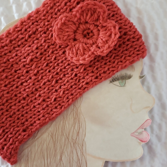 Handmade Knitted Headband Scarf Set. Coral Salmon - Picture 6 of 7